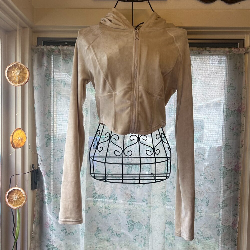 Out From Under Velour Cropped Corset Zip-Up Hoodie Ivory Size M Urban Outfitters